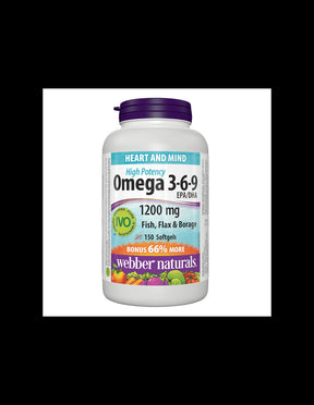 Omega 3-6-9 essential fatty acids - Hormonal balance, heart and brain function, 1200 mg x 150 softgel capsules - Nutra Best Europe