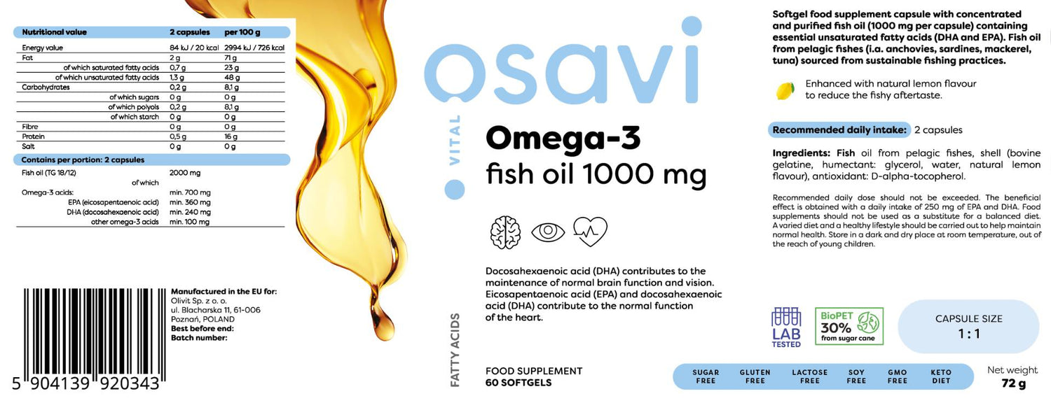 Omega 3 ribje olje 1000 mg / limonin okus - 60 gel kapsul