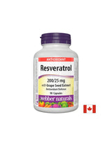 Resveratrol z izvlečkom grozdnih pečk/ Resveratrol 200 mg z grozdnimi pečkami 25 mg x 90 kapsul <tc>Webber Naturals</tc>