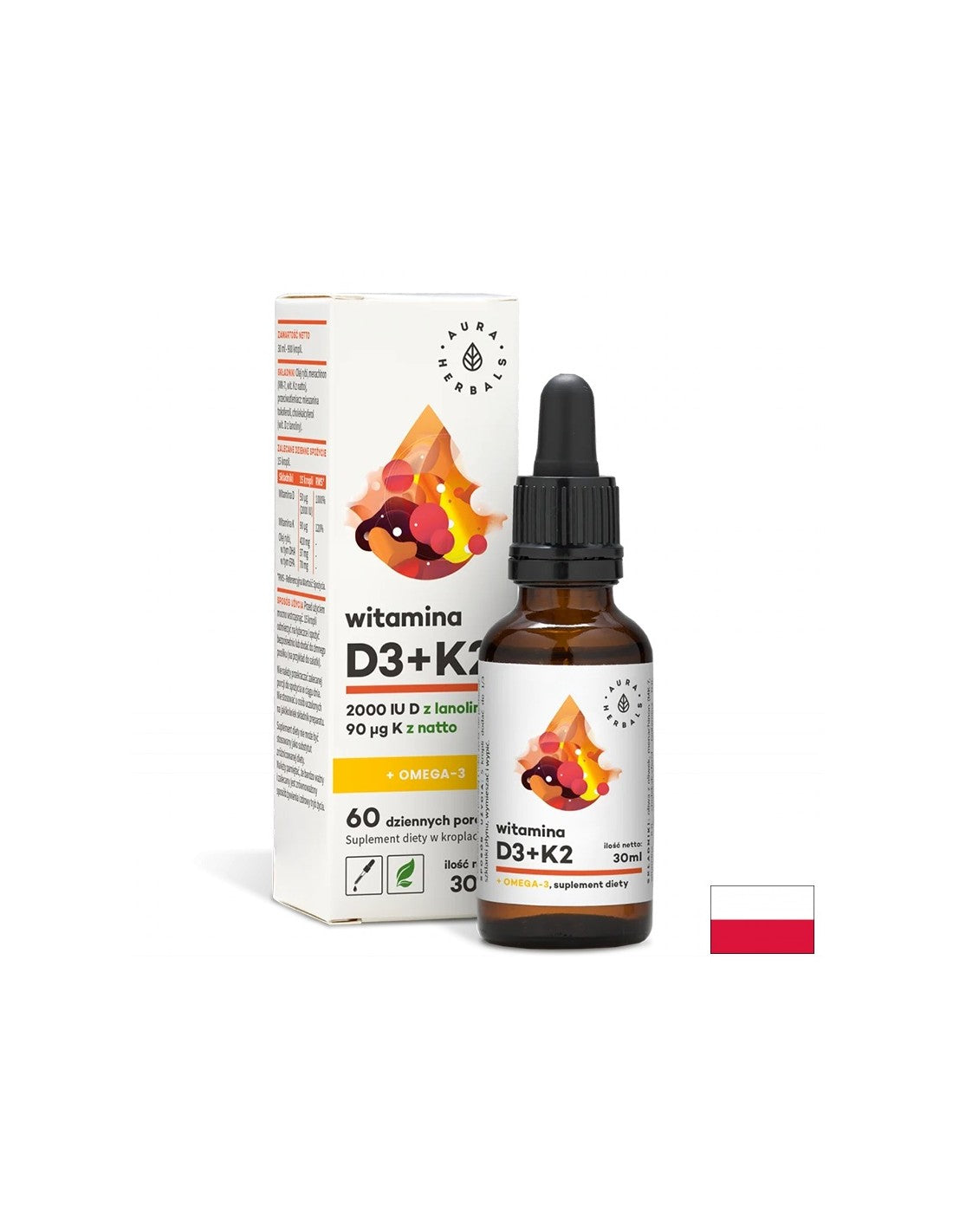 Za podporo kosti, imunosti in delovanja možganov - Vitamin D3 + K2 + Omega-3, 30 ml kapljic <tc>Aura Herbals</tc>